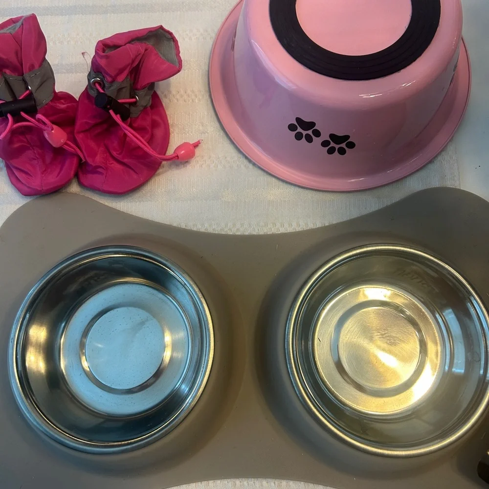 Puppy Starter Bowl Sets Rain Boots & Sweater Used Sanitized